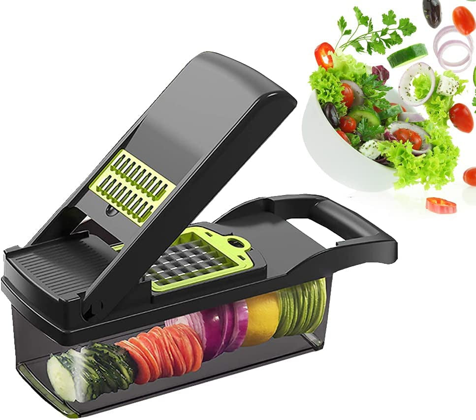 "Ultimate 5-In-1 Kitchen Tool: Vegetable Chopper, Dicer, Slicer, and Egg Separator with Bonus Container - Effortlessly Cut and Prepare Your Veggies in Style (Grey)"
