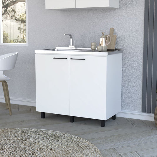 "Burwood Utility Sink Cabinet: Organize and Upgrade Your Space with Two Shelves and a Sleek White Finish"
