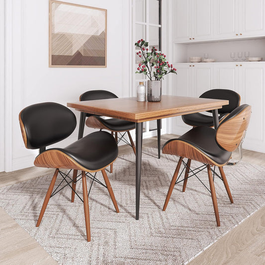 "Stylish Set of 4 Mid-Century Dining Chairs with Walnut Finish and Black Leather - Perfect for Modern Kitchens and Dining Rooms (Table Not Included)"
