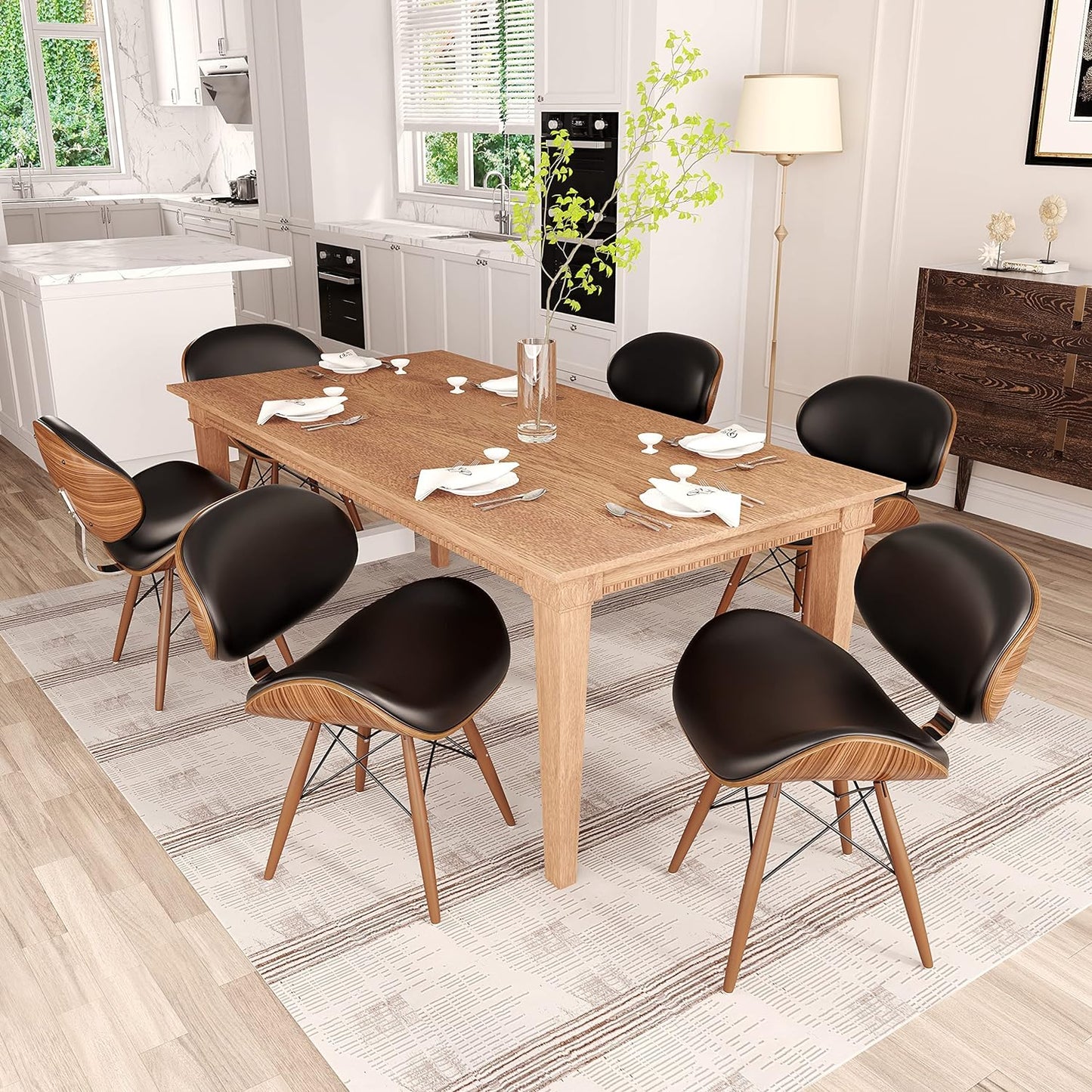 "Stylish Set of 4 Mid-Century Dining Chairs with Walnut Finish and Black Leather - Perfect for Modern Kitchens and Dining Rooms (Table Not Included)"